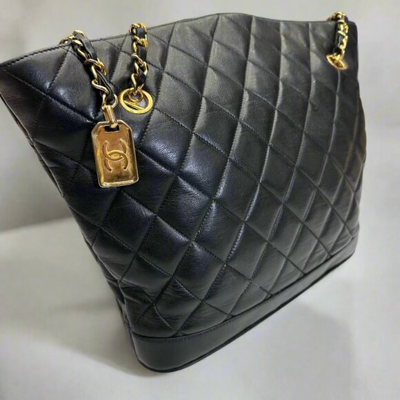 CHANEL Black lambskin Quilted Medium Matelassé Chain Tote/Shoulder Bag - Picture 7 of 7